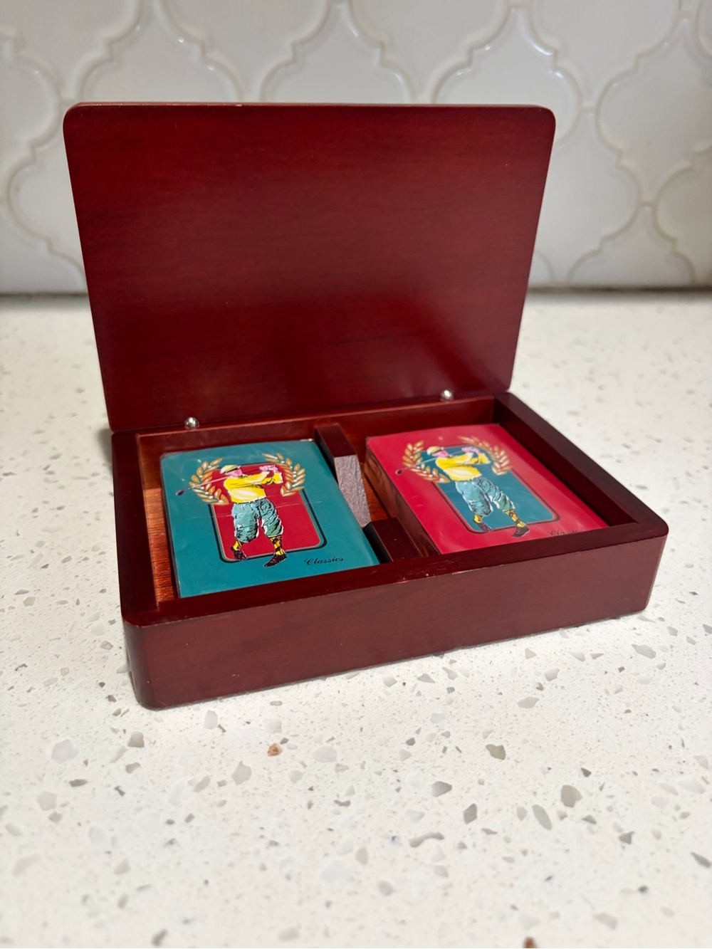 Mahogany Wooden Card Box with Decorative Playing Cards - Red